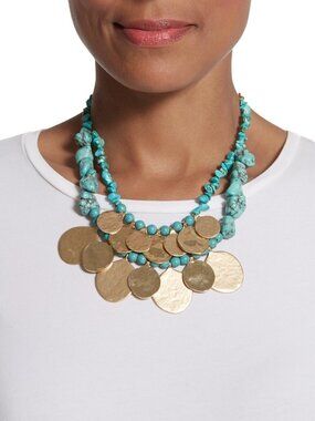 NWT Chico's Turquoise Nuggets and Gold Discs Adjustable Statement Necklace.